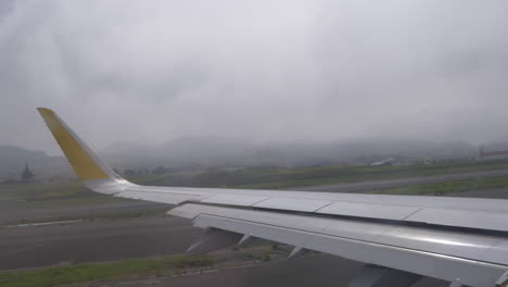 Airplane-wing-taking-off-on-cloudy-day