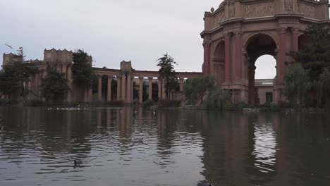 Slow-Motion-Ducks-Swimming-in-Front-of-the-Palace-of-Fine-Arts-in-San-Francisco-California-on-an-Overcast-Day