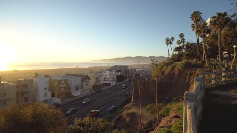 View-of-beach-overlooking-highway-in-Santa-Monica,-California