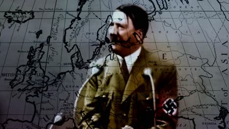 Adolf-Hitler-Con-Antecedentes-De-Mapas-Europeos,-Que-Simbolizan-La-Guerra-Y-La-Invasión.