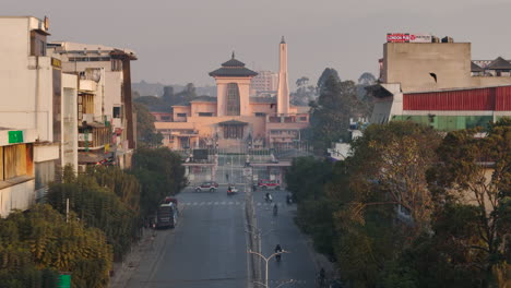 Aerial-drone-shot-of-Narayanhiti-Durbar-Palace-and-Durbarmarg,-Kathmandu-Nepal