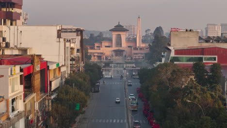 Drone-shot-capturing-Narayanhiti-Durbar-Palace,-Durbarmarg,-Kathmandu