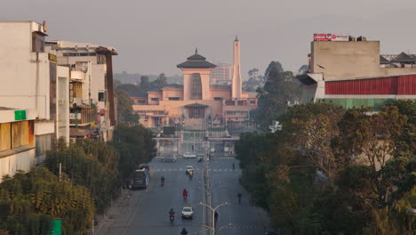 Scenic-drone-footage-of-Narayanhiti-Durbar-Palace-and-Durbarmarg,-Kathmandu