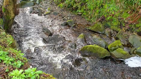 Idyllic-fast-flowing-shallow-stream-of-whitewater-crashing-over-rocks-in-remote-wilderness-of-Outer-Hebrides-in-Scotland-UK