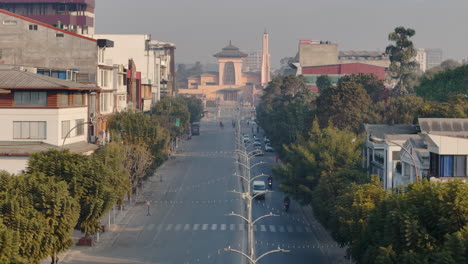 Drone-aerial-footage-of-Narayanhiti-Durbar-Palace-and-Durbarmarg,-Kathmandu