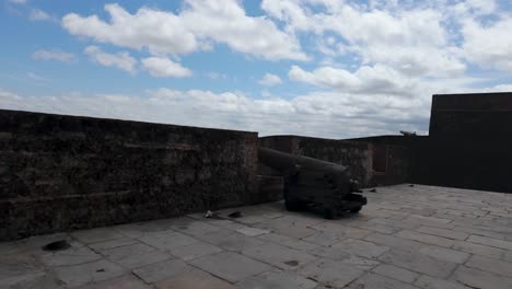 Defense-cannon-at-Forte-do-Presépio,-Belém,-Brazil,-with-Amazon-River-backdrop