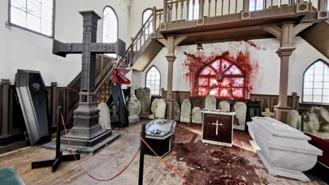 Movie-set-with-coffins,-crosses-and-blood-inside-Cinevilla-Studio-in-Latvia