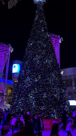 Vertical-View,-LA-Kings-Holiday-Ice-Rink,-People-Skating-Around-Big-Christmas-Tree-in-Downtown-Los-Angeles,-California-USA