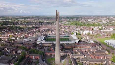 Northampton-Saints-Stadium-with-National-Lift-Tower-in-View,-Aerial