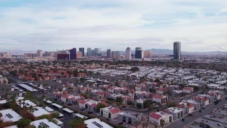 Drone-Shot-of-Las-Vegas-Strip,-Casino-Hotel-Buildings-From-Spring-Valley-Neighborhood,-Nevada-USA