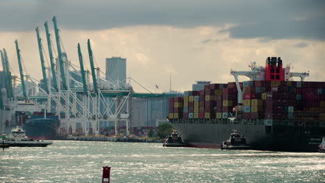 Cargo-Ship-Approaching-Dock,-Miami-Florida,-USA