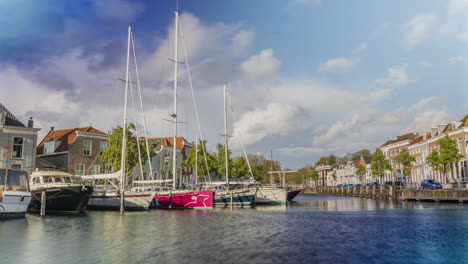 Boats-Docked-At-Harbour-In-City-Of-Goes-In-Zeeland,-Netherlands