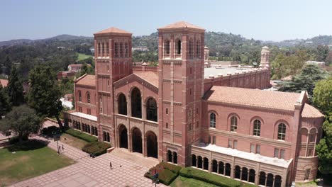 Slow-panning-aerial-shot-of-Royce-Hall-during-the-day-on-the-UCLA-campus-in-Westwood,-California
