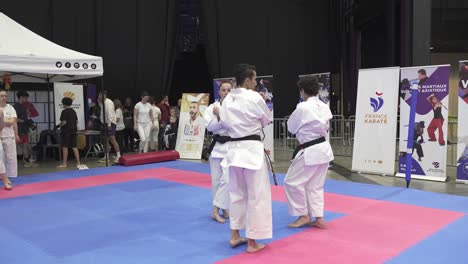 Revealing-shot-of-karate-athletes-performing-on-the-mats-at-the-French-Federation