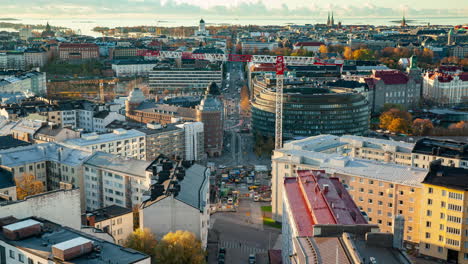 Time-lapse-of-the-Kallio-district-cityscape,-colorful-autumn-evening-in-Helsinki