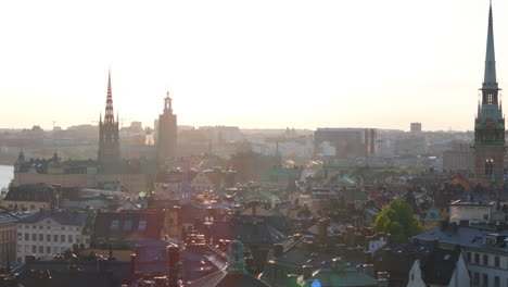 Drone-trucking-view-of-historic-Gamla-stan-skyline-in-central-Stockholm,-Sweden