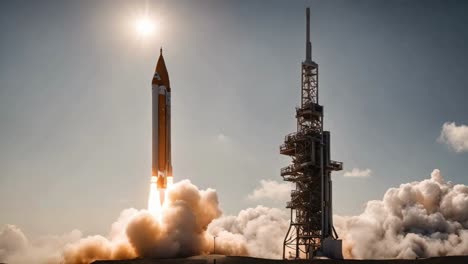 Un-Cohete-Se-Eleva-Hacia-El-Cielo-Desde-La-Plataforma,-Con-Una-Impresionante-Exhibición-De-Fuego-Y-Tecnología-De-Propulsión,-Marcando-El-Inicio-De-Una-Misión-Espacial.