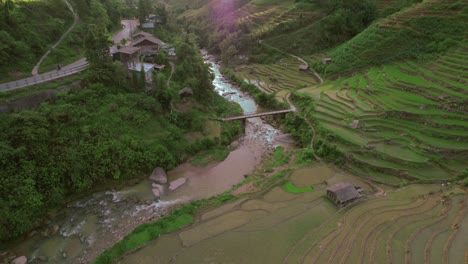 Terraced-hills-and-river,-SAPA