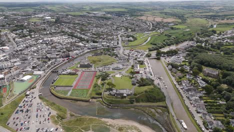 Drone-orbital-view-of-Bude-town-and-its-surroundings,-Cornwall