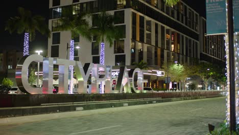 Doral-Luxury-Mall-Fountain-Entrance-Cityplace,-Night-time-beautiful-scene-upscale-shopping-lifestyle-center-in-Miami-FL