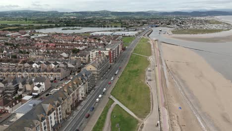 An-aerial-view-of-the-of-the-Welsh-town-of-Rhyl-in-Denbighshire,-North-Wales,-on-an-overcast-morning