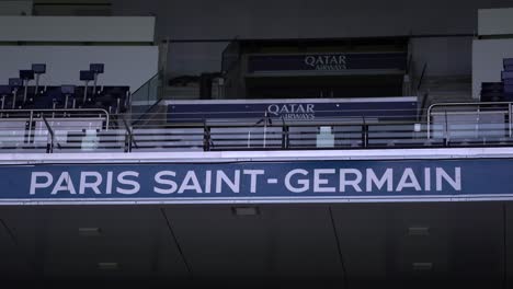 Sign-at-Football-Parc-des-Princes-soccer-stadium-home-of-Paris-Saint-Germain,-Wide-shot