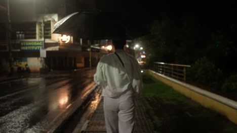 A-person-walks-at-night-with-an-umbrella-on-a-rainy-street-as-a-motorbike-passes-by