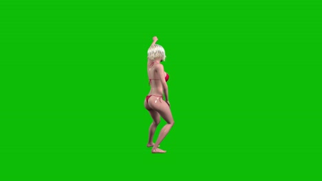 3D-female-character,-woman-with-blond-hair-and-wet-skin,-wearing-red-bikini-swimming-wear-and-sunglasses,-dancing-cat-style-on-green-screen,-3D-animation,-back-view