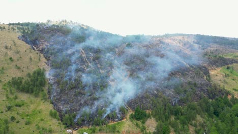 Aerial-view-of-fires-burning-down-the-forest-on-the-side-of-the-mountain-creating-cloud-of-smoke