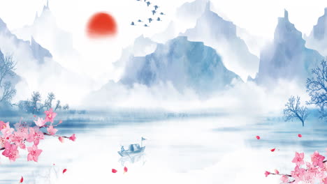 Peaceful-nature-Beautiful-Chinese-style-ink-landscape-plum-blossom-animation-title-material-of-beautiful-calm-trees,-mountains,-flowers,-lake,-water,-birds,-blue-sky,-boat,-cherry-blossoms-season