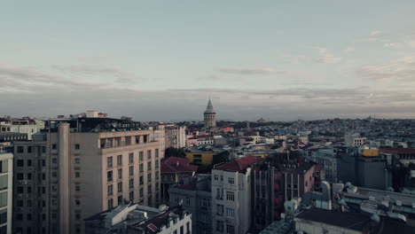 Drone-view-of-quite-dense-residential-buildings-in-Beyoğlu-in-Istanbul,-Türkiye