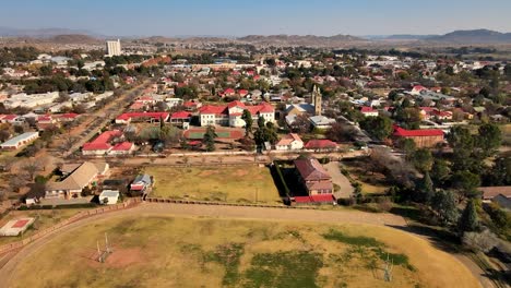 Colonial-rural-farming-town-in-South-Africa,-charm-and-rich-in-history,-taken-from-an-aerial-view