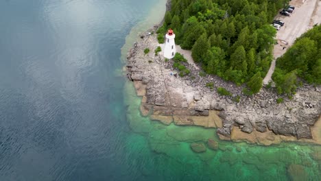 Aerial-view-of-Big-Tub-Lighthouse,-Tobermory,-Canada