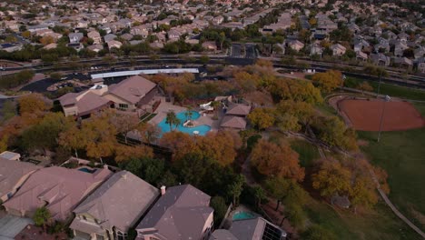 Aerial-View-of-Willows-Park-Community-Buildings,-Summerlin,-Las-Vegas-Nevada-USA