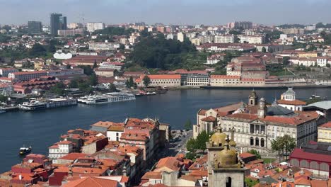 Panoramic-scenic-view-of-the-Douro-River,-Wineries,-and-Porto-Cityscape-in-Portugal