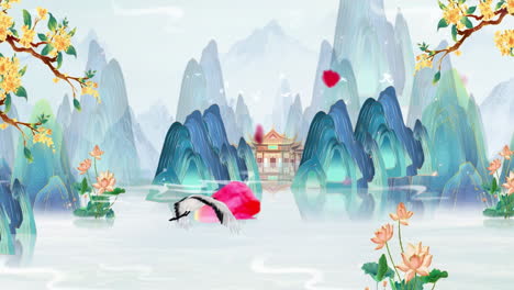 Digital-art-ancient-landscape-Painting-Traditional-Poetry-recitation-Chinese-style-ink-background,-Mysterious-landscape-China's-traditional-Oriental-Digital-Art-animation-mountain-temple