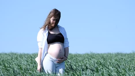 Mujer-Rubia-Embarazada-En-Un-Campo-Ventoso-Acariciando-La-Barriga-Del-Bebé