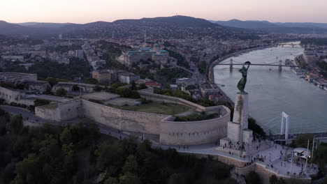 Aerial-shot-of-Budapest-city-with-Liberty-statue-and-Danube-river