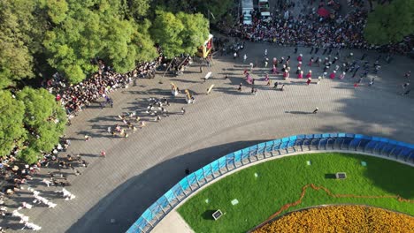 Drone-shot-of-Day-of-the-dead-parade-celebration-on-Paseo-de-la-Reforma-avenue-in-downtown-Mexico