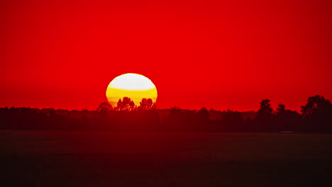 Zeitraffer-Eines-Roten-Und-Großen-Sonnenuntergangs-Auf-Einem-Feld-Mit-Bäumen