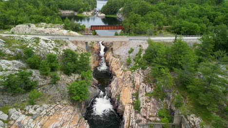 Aerial-view-of-Whitefish-Falls-on-Manitoulin-Island,-Ontario,-Canada