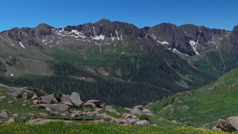 Twin-Lakes-Trail-Grün-Sommer-Chicago-Becken-Colorado-Silverton-San-Juan-Range-Rocky-Mountains-Morgen-Schneeschmelze-Mount-Eulos-Fourteeners-Sonnenlicht-Windom-Peak-Silverton-Juli-Blauer-Himmel-Wildblumen-Statisch-