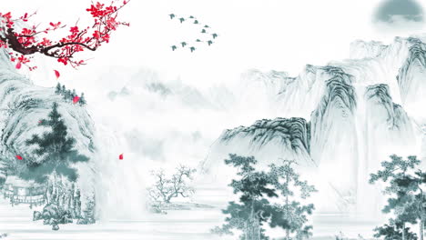 Peaceful-nature-Traditional-painting-Chinese-style-ink-landscape-waterfall-plum-blossom-of-beautiful-calm-trees,-mountains,-flowers,-lake,-water,-birds,-blue-sky,-boat,-cherry-blossoms-season