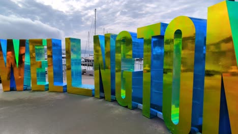 Close-up-of-no-I-in-Wellington-tourism-landmark-sign-on-harbour-waterfront-in-capital-city-of-New-Zealand-Aotearoa