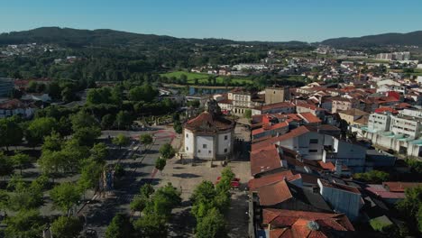 Aerial-view-of-Senhor-da-Cruz-Church-in-Barcelos-city-center,-Portugal