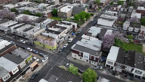 Fila-De-Casas-En-Una-Ciudad-Estadounidense-Durante-La-Temporada-De-Primavera