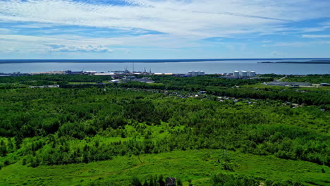 Dense-forest-and-industrial-park-zone-near-Baltic-Sea-coast,-aerial-oil-industry