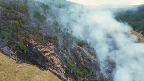 Aerial-shot-of-cloud-of-smoke-created-by-wildfire-burning-on-the-mountainside