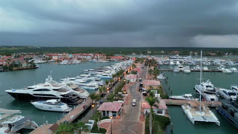 Drone-Flying-Over-Casa-De-Campo-Marina,-La-Romana-In-Dominican-Republic