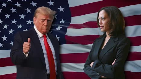 Animation-Und-Filmmaterial-Von-Kamala-Harris-Und-Donald-Trump,-Die-Nebeneinander-Stehen,-Während-Hinter-Ihnen-Eine-Flagge-Der-Vereinigten-Staaten-Von-Amerika-Weht,-In-4K-Auflösung